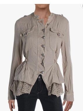 : Free People Boho Military Jacket Lace Hem Peplum XS Gray Linen